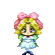 Pixelated character with blonde hair and pink bow in multiple poses showing front, side, and back views with varied arm positions.