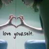 Two hands form a heart shape against a light blue background with the text 'love yourself.' below.
