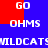 Static pixel art image with blue and red background sections displaying repeated white text elements including 'GO', 'OHMS', and 'WILDCAT' in a -like arrangement