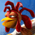 Pixelated cartoon rooster with red comb and wattle, yellow beak, brown body, and blue background, facing left with squinted eye.