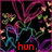 Pixelated abstract composition with swirling purple and teal shapes against a black background, featuring red text 'hun' at the bottom.