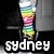 A four- shows a rainbow-striped leg, pink checkered background with 'sydney' text, and colorful pixelated patterns