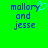Green background with blue pixelated text reading 'mallory and jesse' on both sides, one side featuring a light blue heart symbol replacing the letter 'y' in 'mallory'.