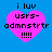 Four identical pixelated pink hearts on blue background with black text reading 'i luv usrs-adminstrtr !!!!' in four quadrants.