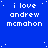 Blue background with white pixelated text reading 'i love andrew mcmahon' repeated in a pattern, some instances include a colon after 'mcmahon', and scattered white dots resembling stars