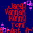 Red and pink pixelated text on dark blue background with repeating square patterns, animated as a seamless loop.
