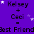 Purple background with repeated text and star animations; 'Kelsey + Ceci = Best Friend' in black font, stars move across the screen.