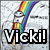 A pixelated image shows a rainbow-colored arc over a white figure with black outlines, positioned above the text "Vicki!" on a gray background.