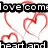 Pixelated icon with black text reading 'love come' at top and 'heart feel' at bottom, connected by red heart-shaped lines on white background.