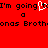 Red background with black pixelated text reading "I'm going to a Jonas Broth" and a white heart-shaped cursor overlay.