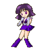 Pixelated anime-style character with purple hair and eyes, wearing a purple skirt, silver top, white gloves, and purple boots in two poses against gray background.