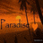 Sunset beach scene with palm trees and a heart symbol, transitioning from orange to black.