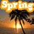 Animated beach sunset scene with palm trees and text overlays changing across frames.