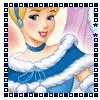 Animated cartoon character in blue dress with white fur trim, blonde hair styled up, pink cheeks, and a slight smile against pastel background.