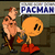Pixelated image shows a cartoon character with orange hair and red boots holding an orange Pac-Man-like figure, with 'PAC-MAN' text above.