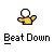 Pixelated yellow figures with white heads perform rhythmic movements above "Beat Down" text on gray background, transitioning through multiple poses and interactions.