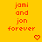 Yellow background with red text reading "jami and jon forever" and pixelated heart and arrow symbols in red.