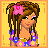 Animated contact sheet of a pixel-art woman in hula attire with floral accessories and text panels, displayed on yellow background with orange borders.