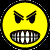 Yellow cartoon face with angry eyes and teeth, surrounded by scattered yellow text on black background.