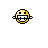 Pixelated yellow smiley face with blue eyes and black mouth, surrounded by a planet ring, with animated dashed lines forming braces and text below.