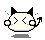 Pixel art contact sheet of four animated frames showing a white cat-like character with black ears and pink cheeks in various poses, some with blue square particles floating around it against a gray background.