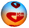 A spherical object with red 'GICM' text and heart-shaped symbols on a gradient blue-to-orange background, displayed in multiple positions