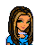 Pixel art of two figures: a woman with long brown hair in blue top and pants, and a man with blue hat holding white object near face.