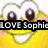Yellow cartoon character with large brown eyes and white pupils, heart-shaped head outline, wide smile showing teeth, black text overlay reading "LOVE Sophie".