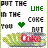 Pixelated image with text fragments, a green heart symbol, and abstract shapes in red, yellow, and gray on white background.