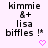 Pixelated text reads 'kimmie &+ lisa biffles !*' with a pink heart below, on light purple background.