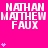 A bright pink background displays repeated white text "NATHAN MATTHEW FAUX" with small pink heart symbols scattered around, showing animation changes in heart positions across frames.