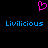 A static pixel art image with a pink heart symbol above two blue "Livilicious" text instances on a black background.