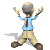 Animated sequence of a cartoon character in a light blue shirt, red tie, and beige pants performing a jumping motion with arms raised.