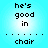 Pixelated text on a light blue background with repeated phrases 'he's good in chair' separated by dotted lines.