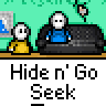 Animated contact sheet of a pixel art hide-and-seek game showing character movement through rooms with text labels and changing room elements.