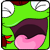 Pixelated green cartoon character with dark purple hair, pink cheeks, and white eyes showing visible eyelashes against a bright green background.