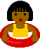 Pixelated character with brown skin, black bob hair, and red lips wears yellow tank top while holding red inflatable ring against gray background.