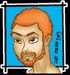 Pixelated cartoon head with orange hair and beard against blue background, showing two eye states in a