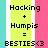 Pixelated text on a striped background reads 'Hacking + Humpis = BESTIES<3' with cyan, white, yellow, and pink vertical stripes.