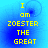 Yellow pixelated text on blue gradient background reads "I am ZOESTER THE GREAT" with subtle circular motion effects.
