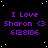 Purple text on black background with white stars, repeating 'I Love Sharon <3 6128106' in a pattern with one gray square in bottom right corner