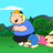 Animated sequence of two cartoon characters in a grassy outdoor setting with trees and blue sky, showing motion from standing to falling.
