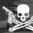 Black-and-white pixelated icon shows a skull with crossed bones, one bone raised in a gesture, against a dark background.