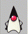 Animated character with black triangular head, red circular eye, white body, and black limbs in three sequential poses showing arm movement.