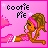 Pixel art contact sheet showing two frames of an animated buddy icon with a cartoon character on pink background, featuring text "cootie pie" and star motifs.