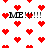 Red pixel hearts scattered on white background with black text 'ME !!!!' in multiple positions, some letters partially obscured by heart shapes.