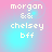 Pixelated text 'morgan && chelsey bff' on a pink-to-cyan gradient background with subtle circular light effects.