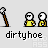 Pixel art animation of two yellow-shirted figures with white heads holding a brown pole, displaying sequential speech bubbles and text below.