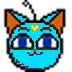 Pixelated blue cat head with orange ears, yellow heart on forehead, black outline; left view shows closed mouth, right view shows open red mouth.