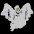 Two side-by-side pixelated frames of a gray ghost-like character with winged arms, yellow eyes in frame 0 and red/purple eyes in frame 1, against black background.